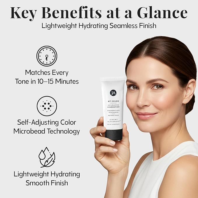 Jerome Alexander My Color Self-Adjusting Foundation, Hydrating & Lightweight Face Makeup, Skincare-Infused, with Kabuki Brush, Light, 1 oz
