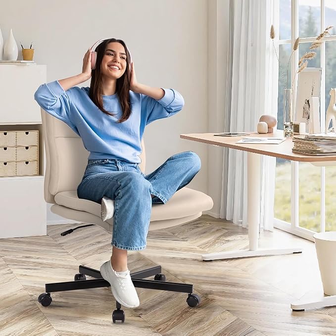 LUCKWIND Armless Office Desk Chair with Wheels, Mid-Back Criss Cross Swivel Task Chair, Height Adjustable Cushioned Vanity Chair, Double Padded PU Leather Chair for Home, Office & Bedroom, Beige White
