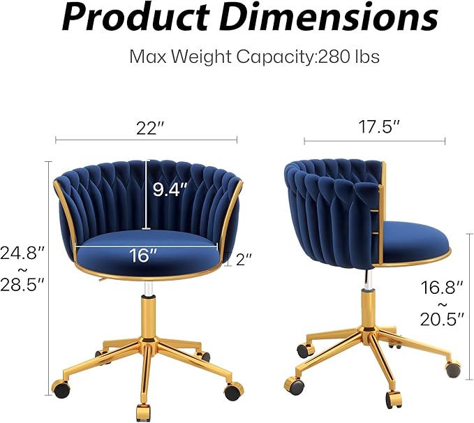 Velvet Woven Home Office Chair, Modern Swivel Desk Chair with Wheels, Height Adjustable Vanity Chair with Gold Metal Base and Hand Weaving Back for Bedroom Study Small Space, Navy Blue
