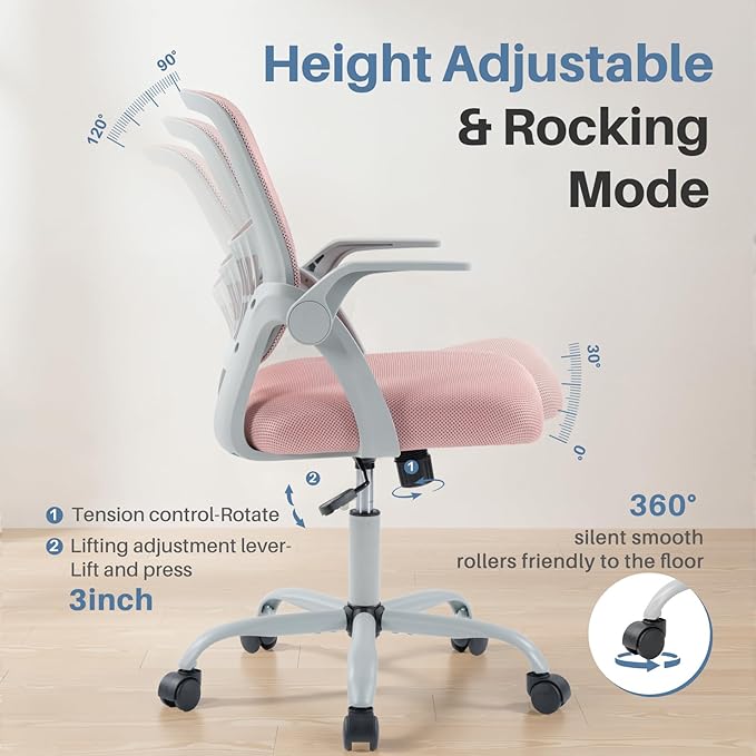 DUMOS Home Office Computer Chair - Ergonomic Mid Back Desk with Lumbar Support and Rocking Mode, Height Adjustable with Flip-up Armrest, for Conference Meeting Room, 360° Swivel, Adults, Pink