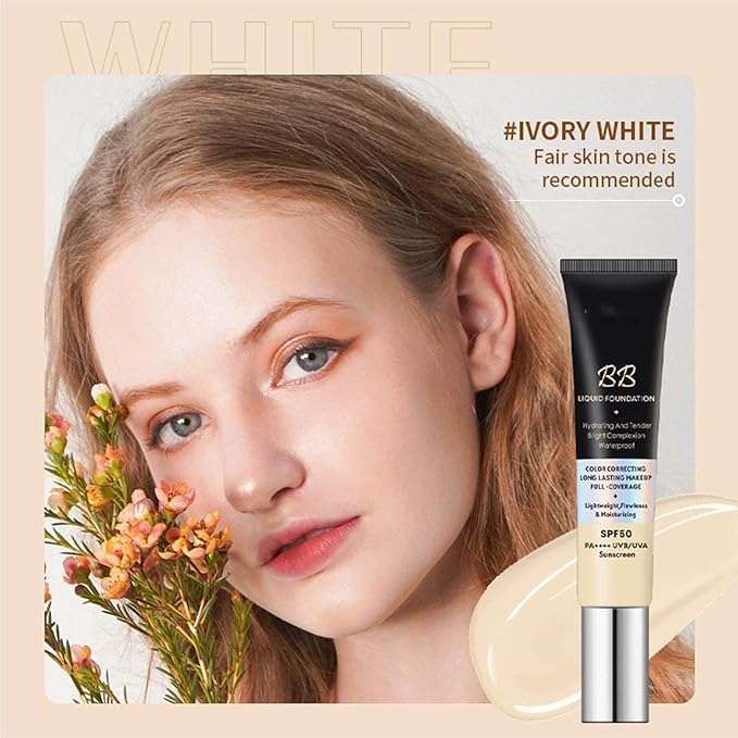 2 Pcs BB Cream Foundation - Natural Coverage, Waterproof Long Lasting, Hide Pores Fine Line, Travel-Friendly Tubes, Lightweight Hydrating BB Cream for All Skin Types (Ivory + Natural)