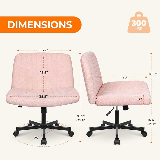 NEO Chair Criss Cross Chair with Wheels Home Office Cross Legged Armless Chairs Ergonomic Adjustable Computer Desk Task Wide Seat for Bedroom Vanity Comfy Swivel (Pink)