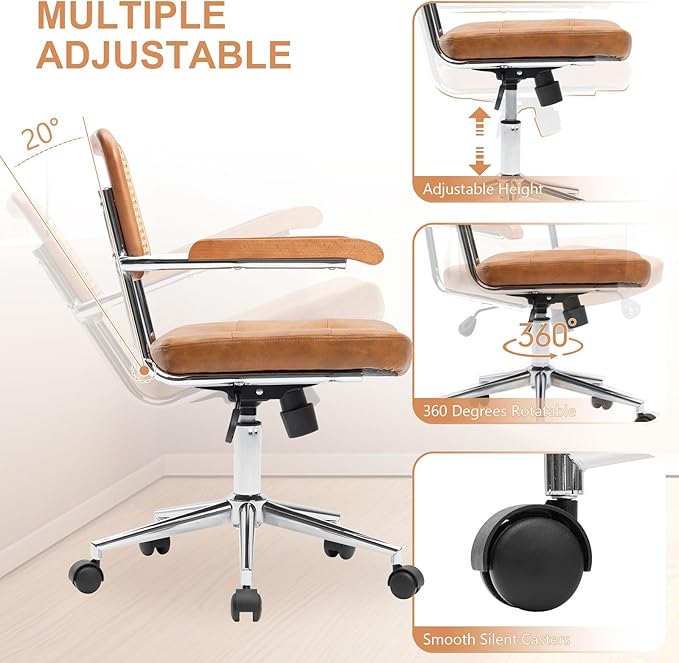 Rattan Office Chairs, Modern Rattan Desk Chair with Natural Back & Wood Armrest, Small Upholstered Tufted Leather Home Office Desk Chairs for Home Ofice, Bedroom, Study, Brown