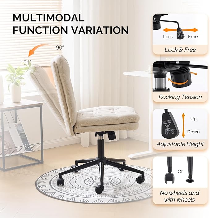 VINGLI Mid Back Armless Office Desk Chair with Wheels/no Wheels,360°Rocking Swivel Vanity Chair with Thickened Cushion,Adjustable Height Rolling for Reading Room, Make up,Linen Beige