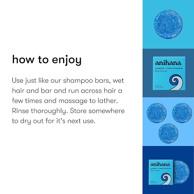 ANIHANA 2-in-1 Shampoo & Conditioner Bar Plastic-Free, Travel Friendly, Blue Ocean Scent for Regular Normal Hair, Clean, Purifying, Natural, Healthy Look and Shine, Paraben-Free, 2.29 oz