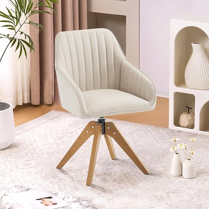 Furniliving Mid Century Modern Swivel Accent Chair for Living Room Set of 2, Wood Desk Chair with Arms Mid Back Arm Chairs Upholstered Vanity Chair No Wheels for Home Office/Bedroom, Faux Linen Beige