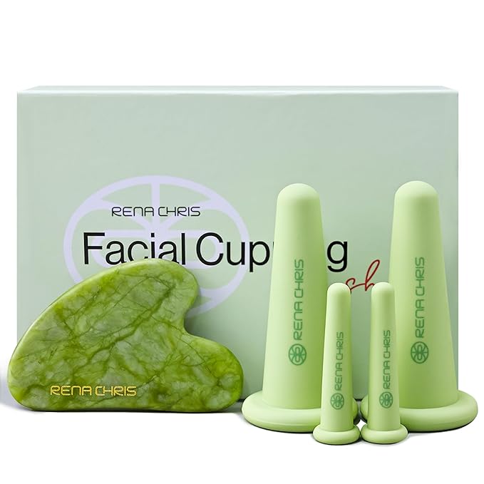 Rena Chris Facial Cupping Set & Gua Sha Tool - Jade Stone, Silicone Facial Cupping, Puffiness & Lip Plumping Therapy for Natural Skin Care
