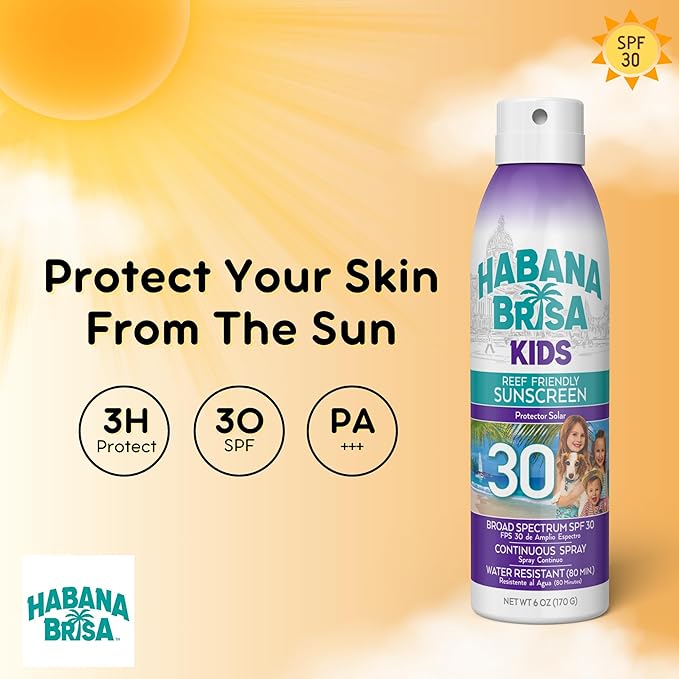 Habana Brisa Kids Reef Friendly Sunscreen Spray, Broad Spectrum SPF 30, Water Resistant, Kids Mineral sunscreen, UVB/UVA Non-Toxic Sun Protection for Kids & Sensitive Skin, 6 oz (1 Pack)