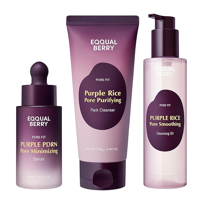 EQQUALBERRY Purple Rice 3-Step Pore Care & Glass Skin Trio – Cleansing Oil, Pack Cleanser & Pore Minimizing Serum | Complete Korean Skincare for Double Cleansing, Pore Refining & Skin Prep