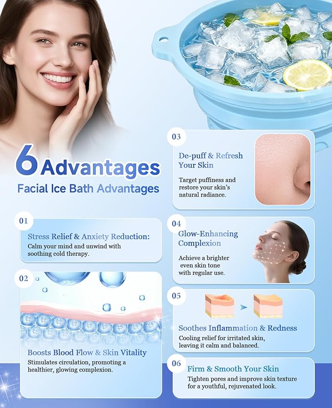 Foldable Silicone Face Ice Bath Bowl with Built-in Ice Tray, Cold Plunge Therapy for Skin Tightening, Puffiness Reduction & Acne Relief, Portable Spa Tool for Home & Travel (Blue)