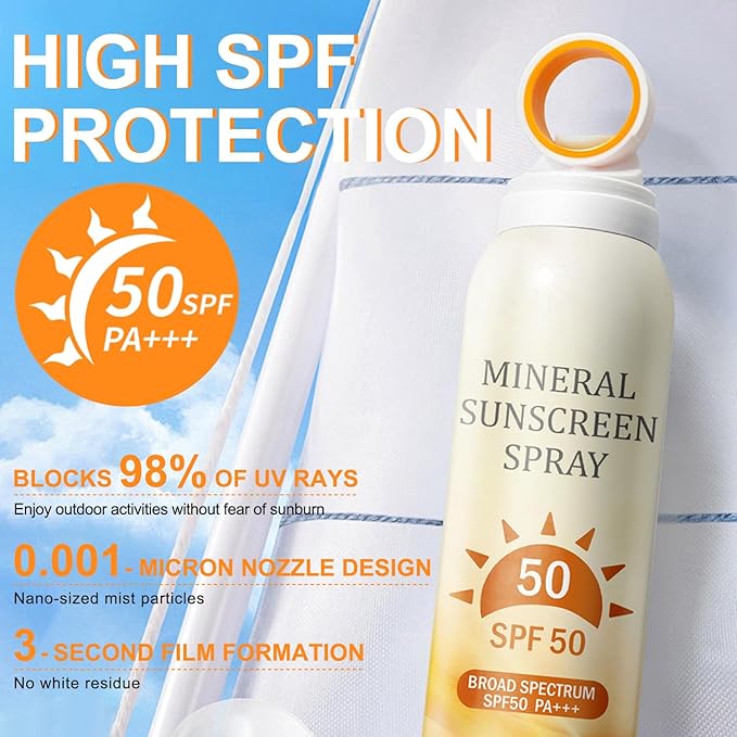 6.76 Fl Oz Mineral Sunscreen Spray SPF 50 PA+++, Broad-Spectrum UVA/UVB Protection, Lightweight and Non-Greasy, Waterproof and sweatproof Sunscreen for Face and Body,
