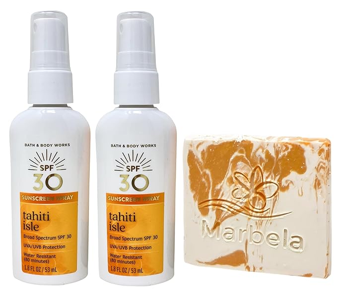 Bath & Body Works Tahiti Isle 2 SPF 30 Sunscreen Sprays Travel Size with a Peach Gardenia Sample Soap