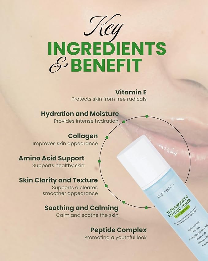 HydraBoost 6 Peptide Toner, Hyaluronic Acid, Collagen Extract, Niacinamide, Amino Acids, 5.07 fl oz (150 ml), for Hydration, Skin Firmness, Texture Improvement | RUBY VIBE CO