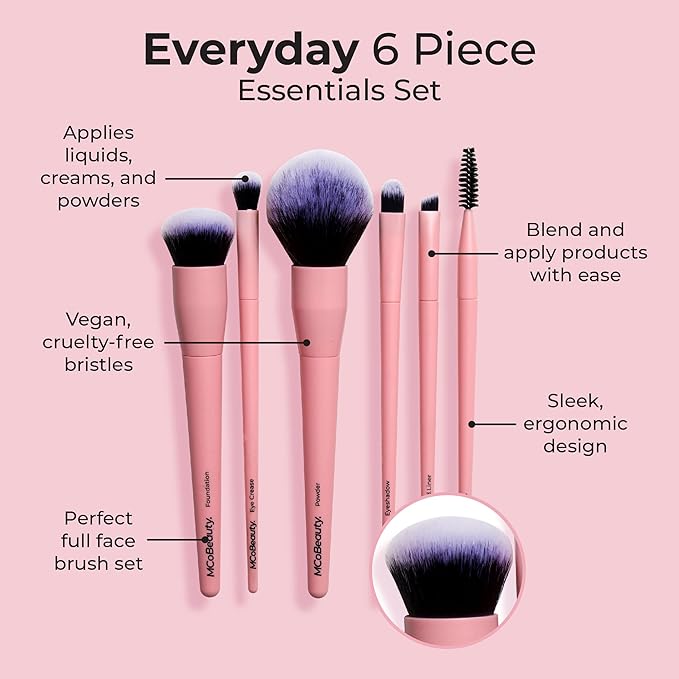 MCoBeauty - Everyday 6 Piece Essentials Brush Set - Complete Makeup Brush Collection for Face, Eyes & Brows, Soft Synthetic Bristles - Makeup Brushes Set, Brochas para Maquillaje