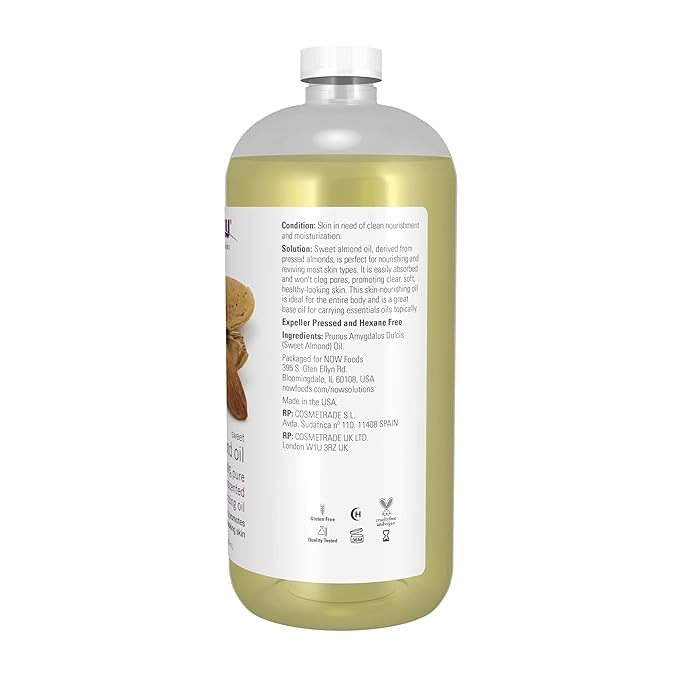NOW Foods Solutions, Sweet Almond Oil, 100% Pure Moisturizing Oil, Promotes Healthy-Looking Skin, Unscented Oil, 32-Ounce