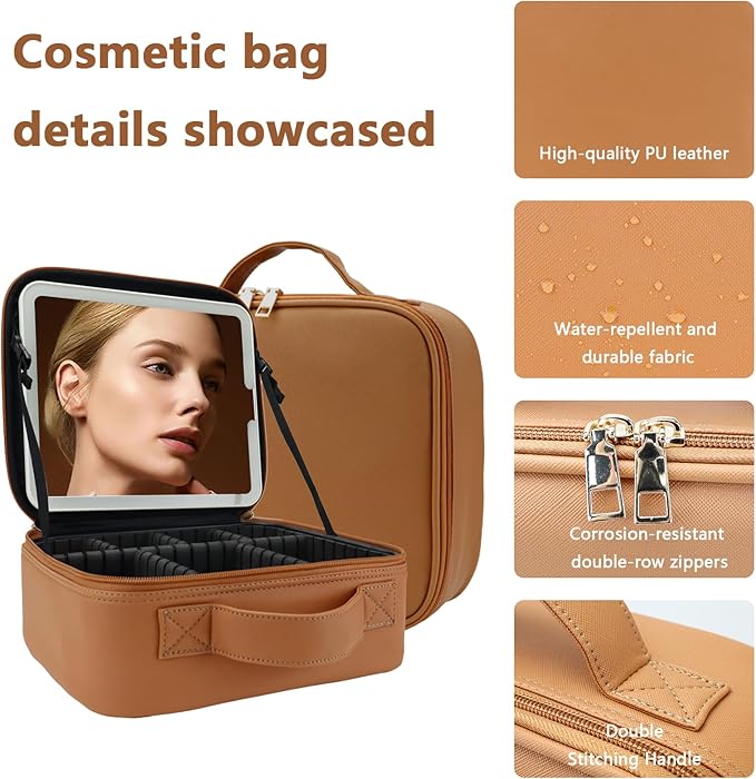 Makeup Bag with Led Mirror,Large Vanity Makeup Cases with 3 Color Setting,Portable Storage and Adjustable Dividers,for Women and Makeup Artists Cosmetic Organizer Travel Makeup Bag-Light Brown