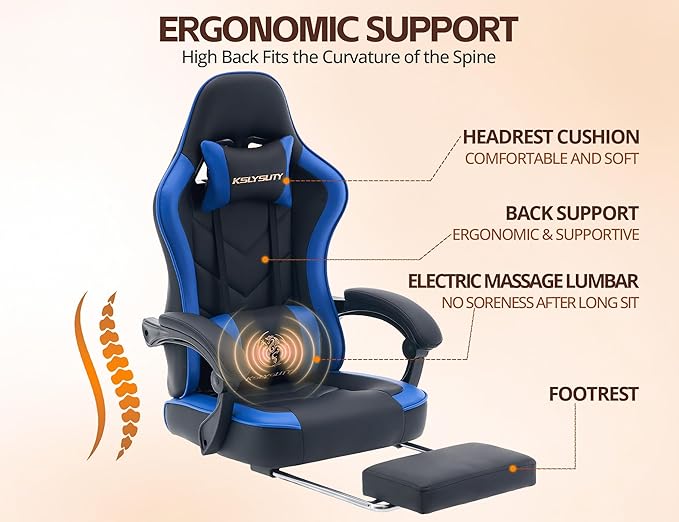 Office Chair Breathable Leather with Pocket Spring Cushion, Wide and High Ergonomic Computer Gaming Chair with Headrest and Footrest for Adult, Black and Blue
