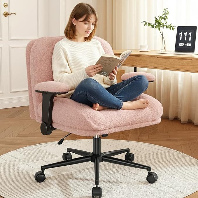 Cross Legged Office Chair with Flip-Up Arms,Oversized Criss Cross Chair with Wheels,Wide & Extra-Deep Seat Thickened for Home Office,Vanity, Bedroom,Apartment Dorms,Plush Cushion,Comfy,Pink