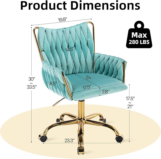 ABET Velvet Desk Chair with Wheels, Cute Upholstered Swivel Office Chair, Modern Gold Rolling Hand Woven Height Adjustable Armchair for Women Girls Home Makeup, Vanity, Nail Salon, Light Blue