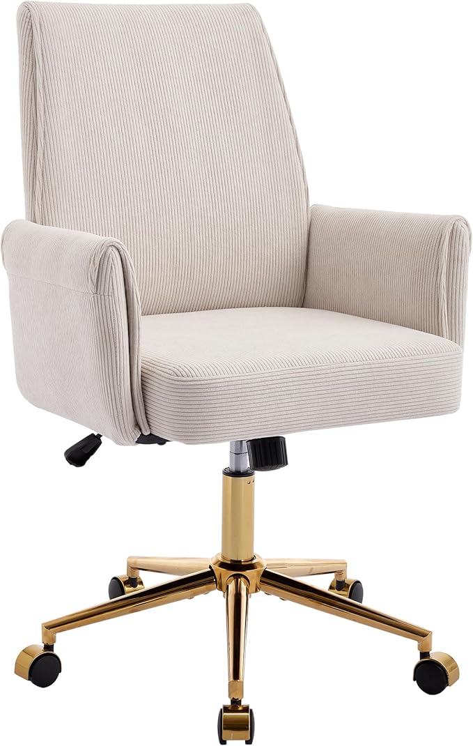 YITAI Stripes Velvet 360°Swivel Desk Chair, Modern Height Adjustable Home Office Armchair with Gold Base and Wheels for Vanity, Comfy Computer Chair for Study Living Room Bedroom（Beige）