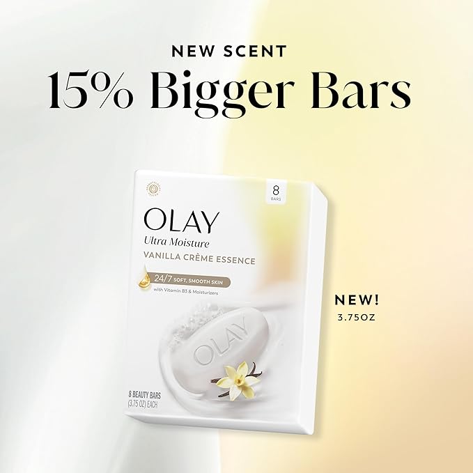 Olay Beauty Bar, Ultra Moisture,10x More Moisturizers, 24/7 Soft & Smooth Skin, Gentle Cleanse on Face & Body, Vitamin B3 Complex, For All Skin Types, Vanilla Crème Scent, 3.75 oz, (Pack of 8)