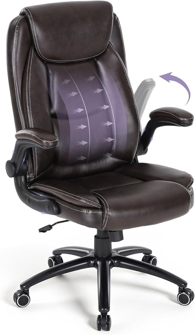 Ergonomic PU Leather Office Chair with Flip-Up Armrests & Reclining Backrest, 300lbs Thick Padded Seat Executive Desk Chair-Adjustable Height & Tilt Tension, Brown
