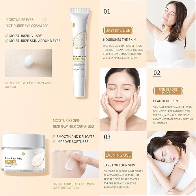 6PCS Rice Skin Care Sets, Moisturizing Face Skin Care Gift Set for Women Girls, Face Care Kit Inclusde Cleanser, Toner, Eyecream, Essence, Emultion, Face Cream (NEW-Rice)