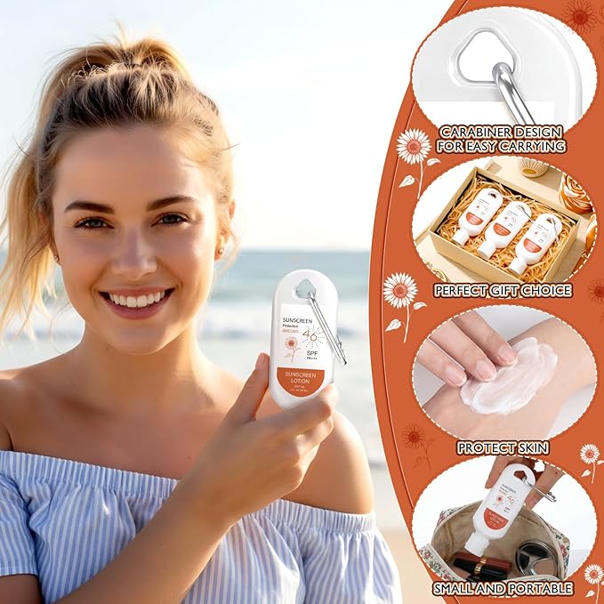 Leelosp 12 Pcs SPF 46 Mini Sunscreen with Carabiner Multi-pack Travel Water Resistant Sunscreen for Women Mother's Day Gift Summer Beach Trip Supplies Wedding Bridal Shower Thank Guest Gift (2oz)