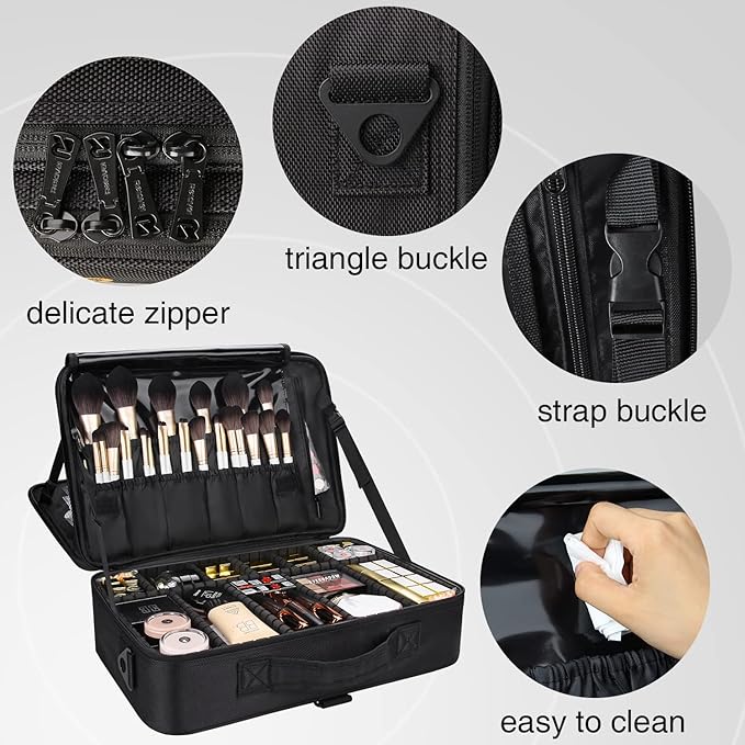 MONSTINA Large Makeup Case, 3 Layers Makeup Bag Cosmetic Organizer Brush Bag Barber Train Case Makeup Artist Box for Hair Curler Hair Straightener Brush Set and Cosmetics