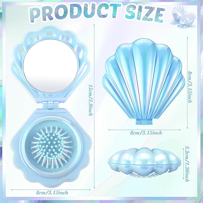 Meanplan 12 Pcs Mermaid Party Favors Shell Hair Brush with Mirror Foldable Mini Travel Pocket Hair Brush Compact Makeup Comb for Women Girls Valentines Day Birthday Gifts(Blue)