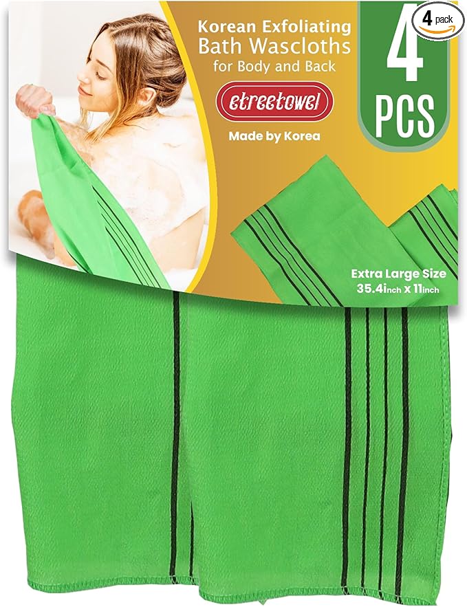 Extra Large Size 35.4" x 11" (4 PCs) Korean Asian Exfoliating Bath Washcloths Mitt Scrub for Body and Back washcloth Glove Viscose Rayon Towel for Soft Skin