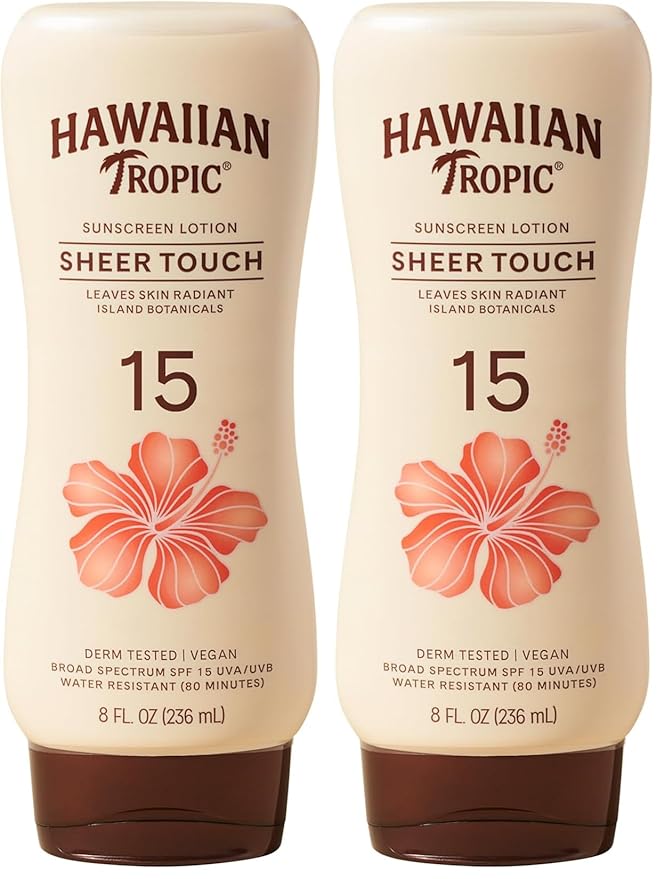 Hawaiian Tropic Sheer Touch Lotion Sunscreen SPF 15, 8oz | Hawaiian Tropic Sunscreen SPF 15, Sunblock, Broad Spectrum Sunscreen, Oxybenzone Free Sunscreen, Body Sunscreen SPF 15, 8oz (Pack of 2)