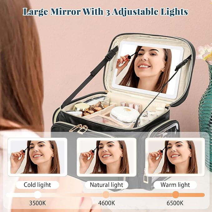 Large Makeup Bag with LED Mirror, Travel Makeup Bag Organizer for Women Girls with Makeup Brush Compartment & Two Side Pockets, 3 Color Lights Cosmetic Toiletry Bag- Leather Black