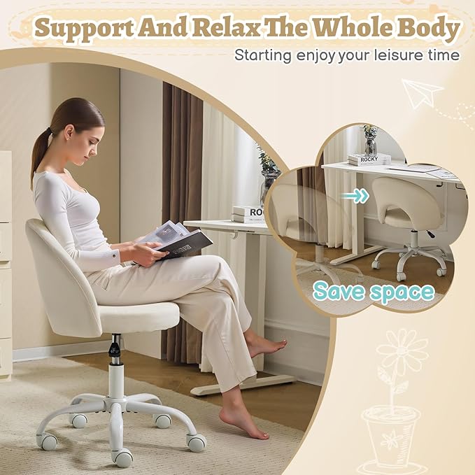 VINGLI Small Vanity Chair with Wheels for Girls.Cute Modern Adjustable Height Armless Office Desk Chair.360°Swivel Comfy Rolling Chair for Study, Make up Room,Small Space,Linen White