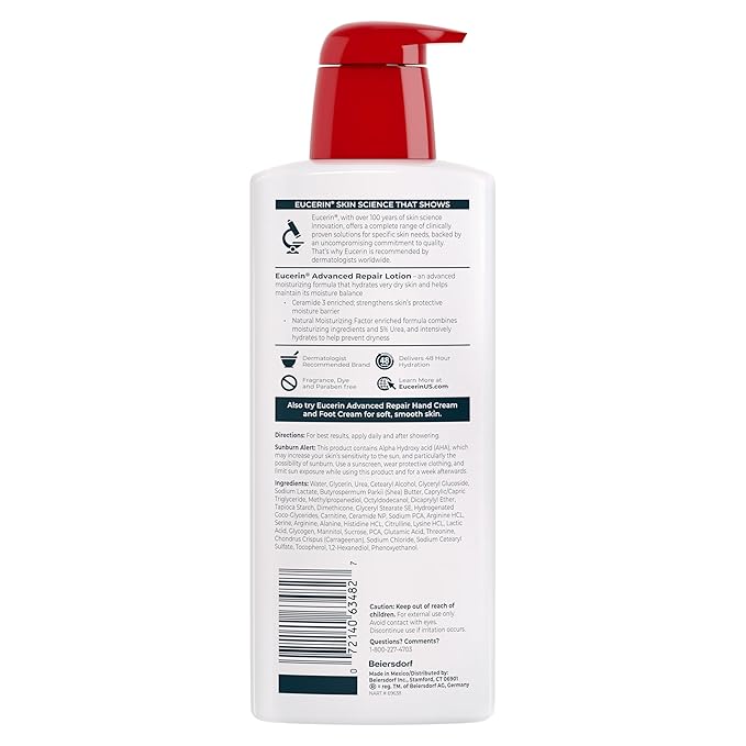 Eucerin Advanced Repair Body Lotion for Very Dry Skin, Unscented Lotion Formulated with Ceramides, 16.9 Fl Oz Bottle