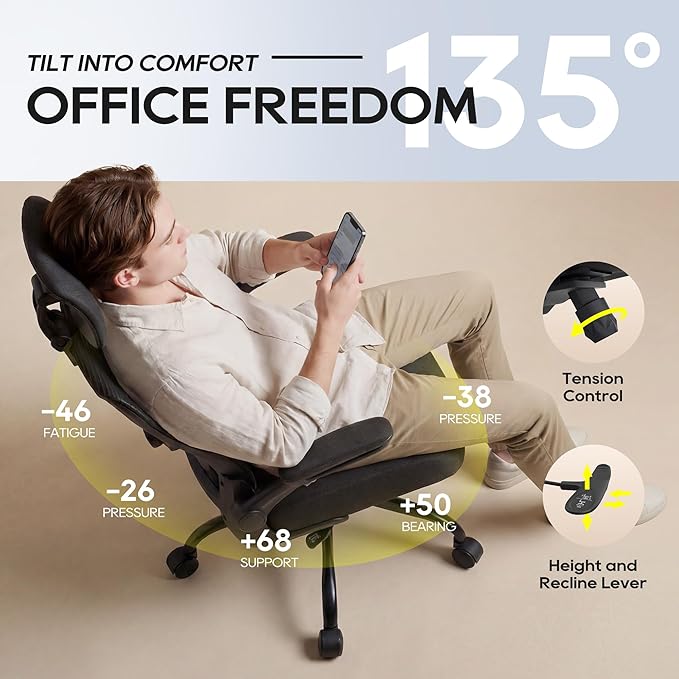 Ergonomic Office Chair, High Back Mesh Desk Chair with Adjustable Lumbar Support & Headrest, Flip-up Armrest, Computer Task Chairs for Home and Executive Office (B-Black)