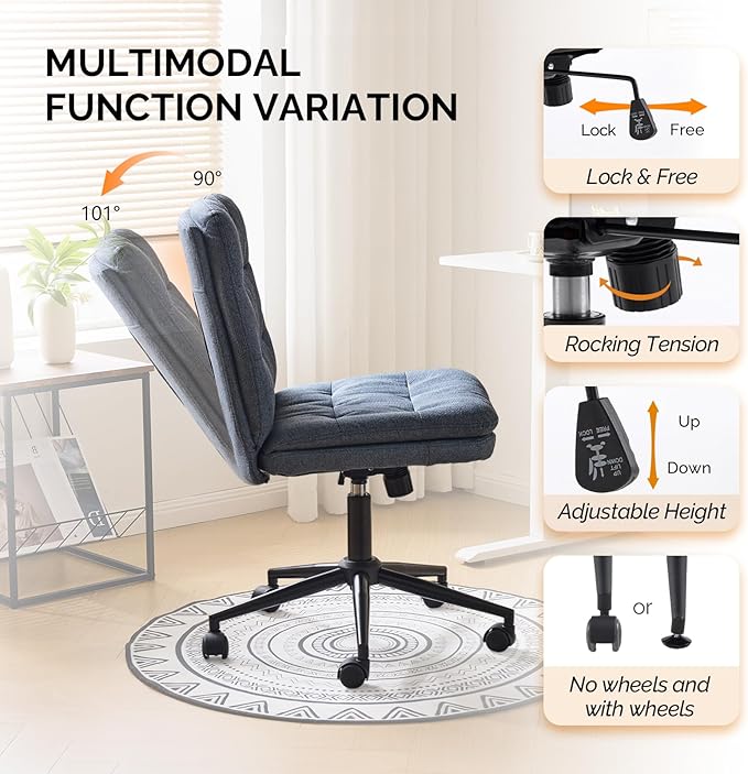 VINGLI Mid Back Armless Office Desk Chair with Wheels/no Wheels,360°Rocking Swivel Vanity Chair with Thickened Cushion,Adjustable Height Rolling for Reading Room, Make up, Linen Navy Blue