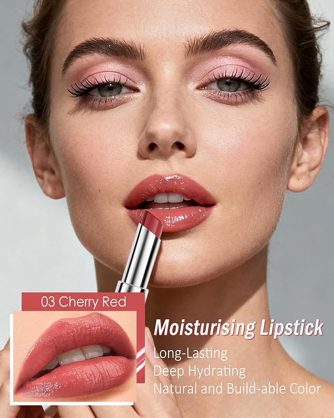 Tinted Lip Balm Moisturizing Lipstick, Cherry Red Colored Sheer Hydrating Nourishing Lip Stain for Dry Lips, Highly Pigmented Natural Waterproof Transfer-Proof Lips Gloss for Women Girl Makeup Gift-03
