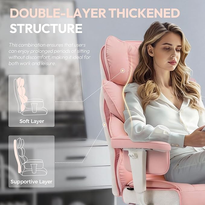 Dowinx Big and Tall Office Chair with Pocket Springs Cushion,High Back Computer Gaming Chairs with Adjustable Armrests,Executive Desk Chairs with Lumbar Support and Footrest,PU Leather-Pink