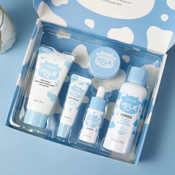 Milk Skin Care Set, 5PCS Nourishing & Hydrating Facial Care Kit for Women & Teens, Includes Cleanser, Toner, Serum, Eye Cream, Moisturizer, Gentle Daily Facial Care Gift Set Routine Kit
