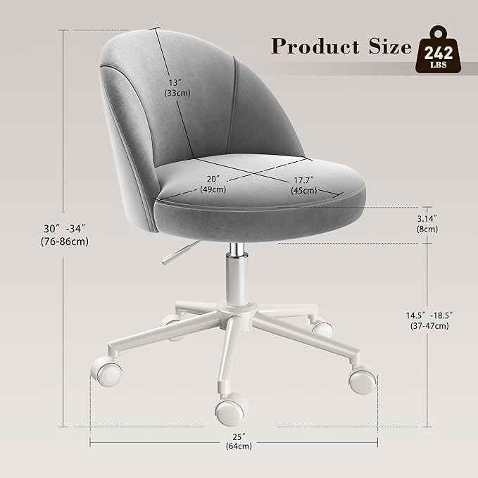 EnHomee Vanity Chair with Wheels, Cute Desk Chair Comfy with Back,Small Office Chair with Adjustable Rolling Swivel for Makeup Room Bedroom, Home Office, Armless,Muted Grey