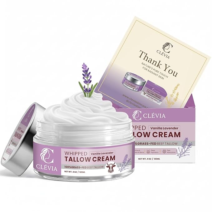 100% Grass-Fed Whipped Tallow Cream - 4 OZ Anti-Wrinkle Face+Body Balm – Organic Beef Tallow with Jojoba Oil – Deep Hydration for Dry, Sensitive & Irritated Skin (Vanilla Lavender)