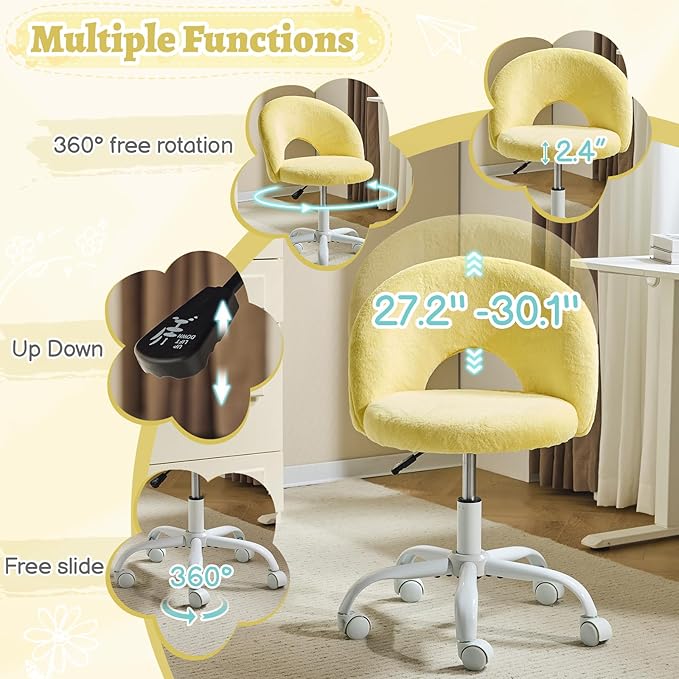 VINGLI Small Vanity Chair with Faux Fur Wheels for Girls,Cute Adjustable Height Armless Office Desk Chair,360°Swivel Comfy Rolling for Study,Make up Room,Small Space,Yellow