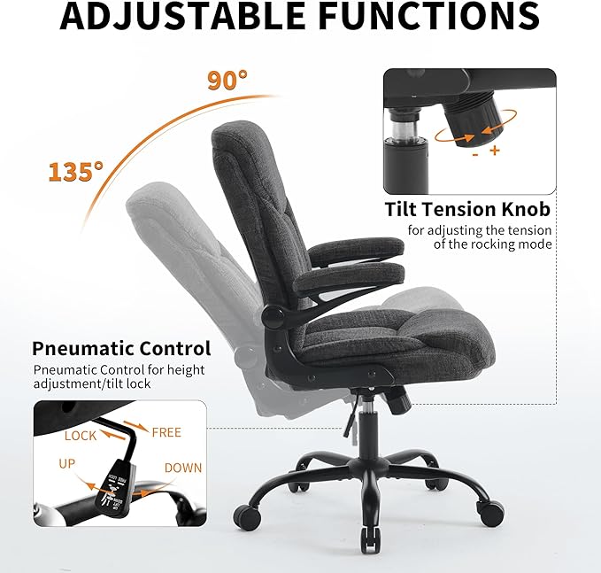 Home Office Ergonomic Desk Chair - Comfy Leather Executive Chair with Flip-Up Armrests, Lumbar Support, 360° Swivel & Rocking (Grey)