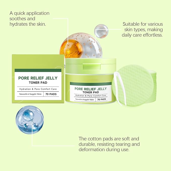 Pore Relief Jelly Toner Pads, Hydrating Cactus Gel – 70 Cooling & De-Puffing Face Pads with Tweezers, Exfoliating & Soothing Dual-Sided Pore Care for Daily Moisture.