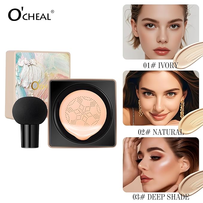 O'CHEAL Mushroom Head Air Cushion CC Cream,BB Cream Foundation Cream for Face Makeup Concealer Cushion for Face Comestics Make Up Long-Lasting Cushion Compact 01 IVROY