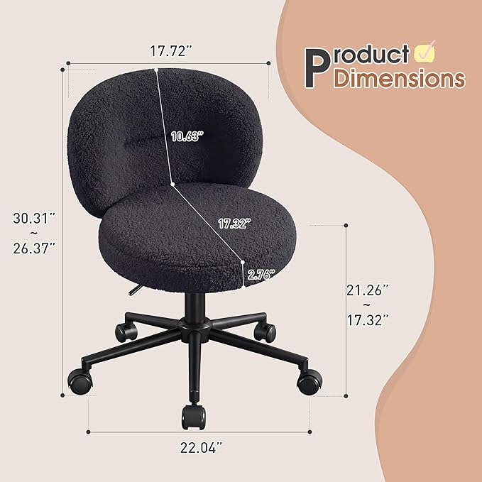 Small Round Desk Chair, Armless Vanity Chair with Wheels, Height Adjustable & 360° Swivel, Cute Comfy Vanity Computer Chair for Bedroom, Home Office, Black