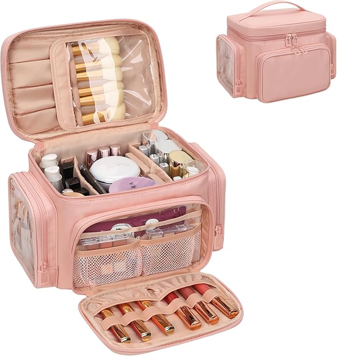 Large Makeup Bag, Portable Travel Makeup Bag Organizer for Women Girls with Makeup Brush Compartment & Two Side Pockets, Cosmetic Travel Bag Vertical Storage Toiletry - Pink