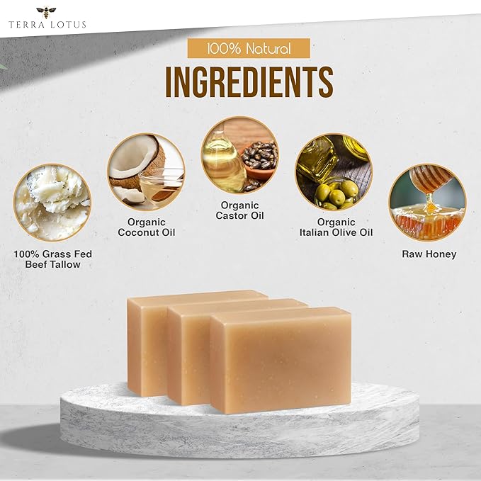 Organic Tallow Soap with Organic Castor Oil & Raw Honey - Relief for Dark Spots, Acne Marks, Hydrating & Nourishing - 3 Pack (Unscented)