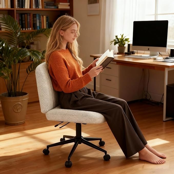 Dowinx Criss Cross Chair with Wheels, Premium Fabric & Pocket Spring Cushion, Adjustable Swivel Wide Seat, Modern Computer Vanity Chair for Home Office, Crafted to Enhance Quality Daily Life, White